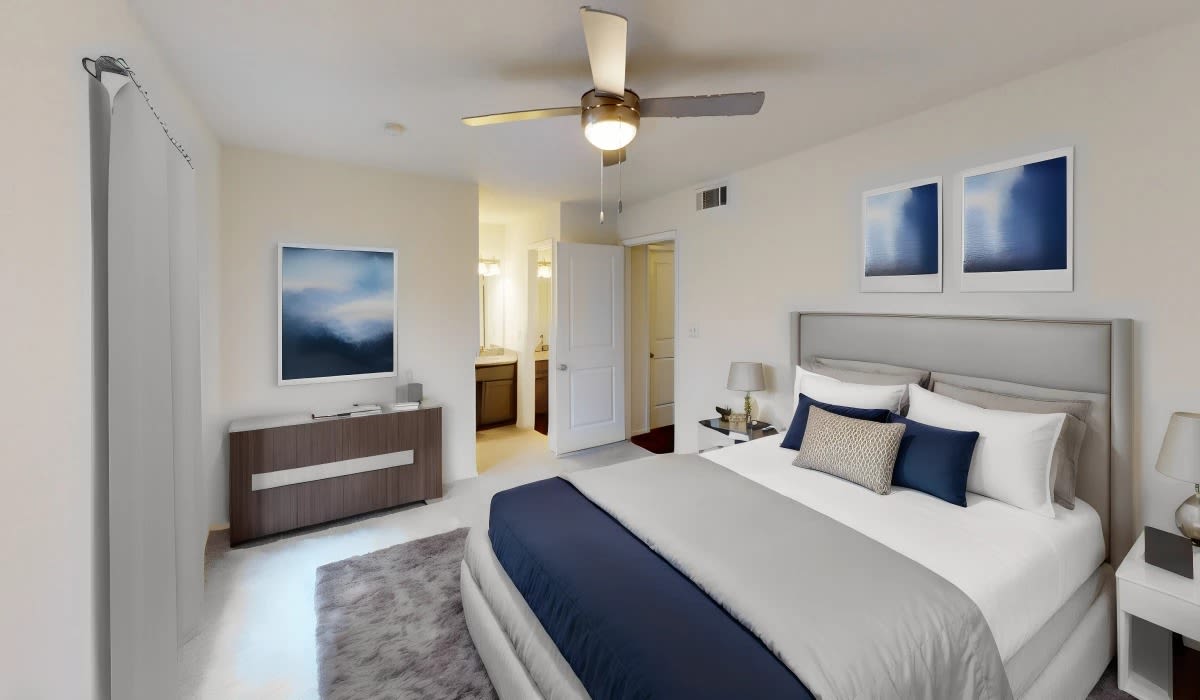 Beedroom with wood-style flooring at Patten East in Austin, Texas