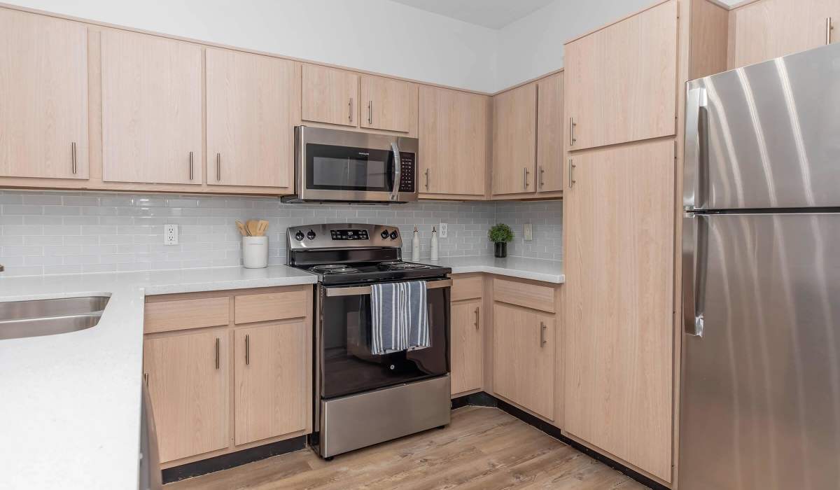 Upgraded stainless steel appliances and light wood cabinets at The Element in Bryan, Texas