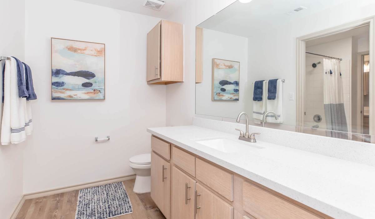 Bathroom vanity with upgraded countertop and mirror at The Element in Bryan, Texas
