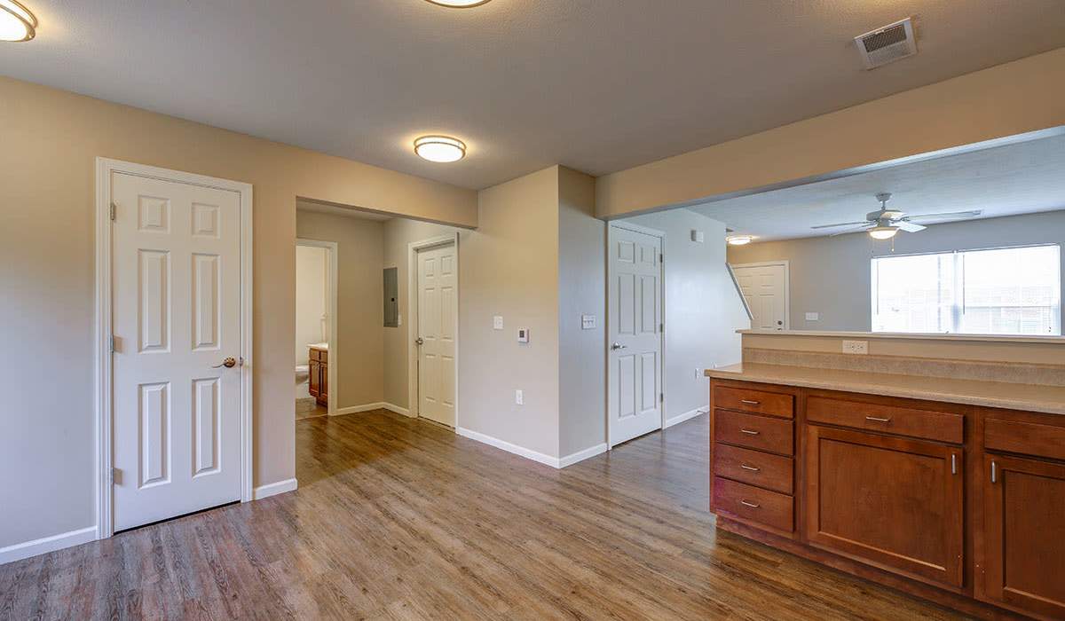 Kitchen with wooden cabinets at Majors Crossing in Rock Creek, Ohio 
