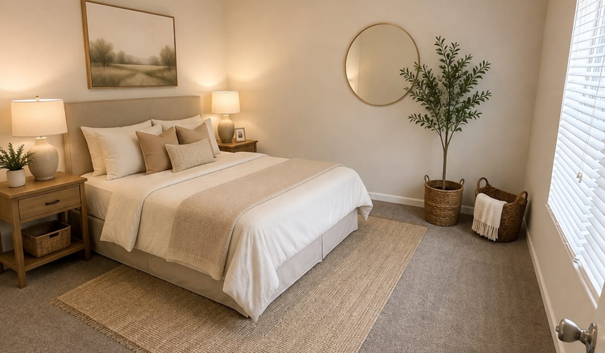 Apartment bedroom with a large bed and a window for natural lighting at Palisades at The Park in Greenville,South Carolina