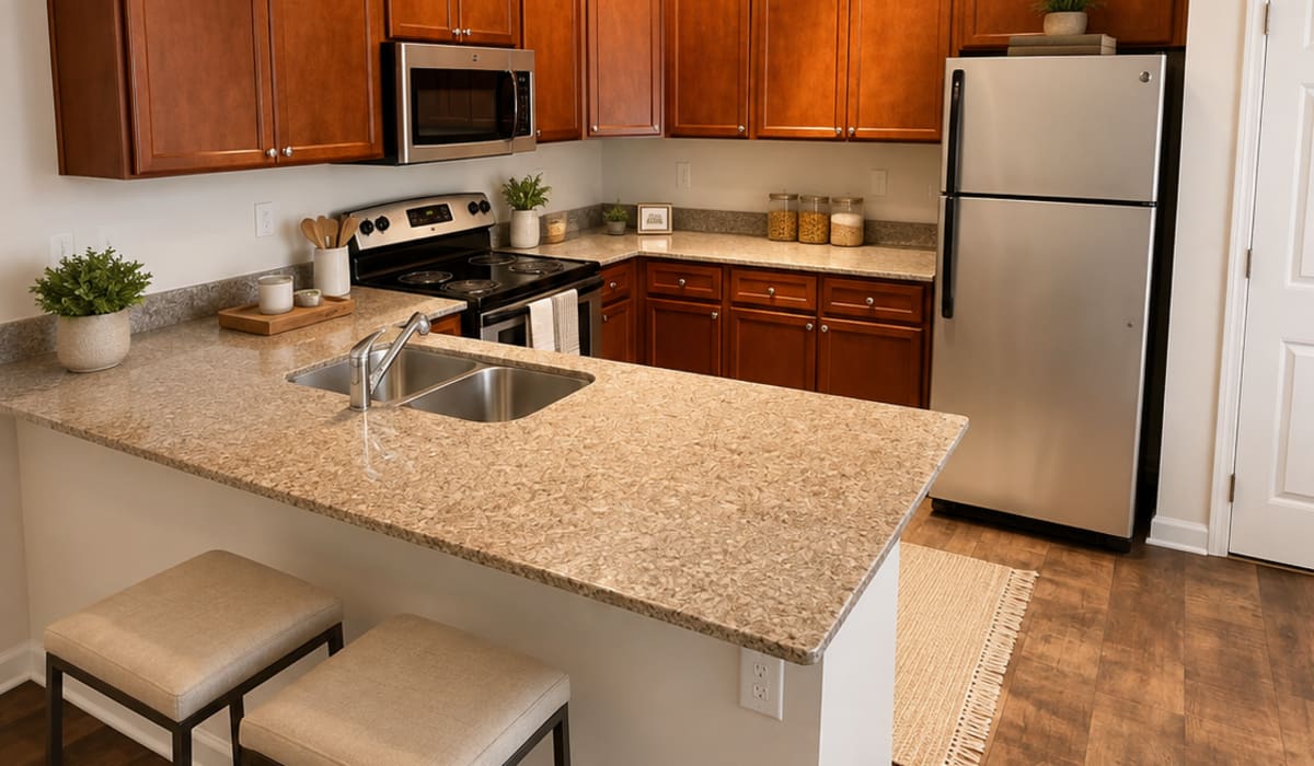 Apartment kitchen with wooden cabinetry and latest appliances at Palisades at The Park in Greenville,South Carolina