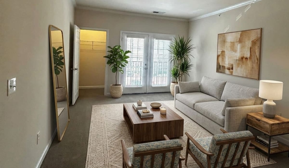 Spacious living room with natural lighting at Palisades at The Park in Greenville,South Carolina
