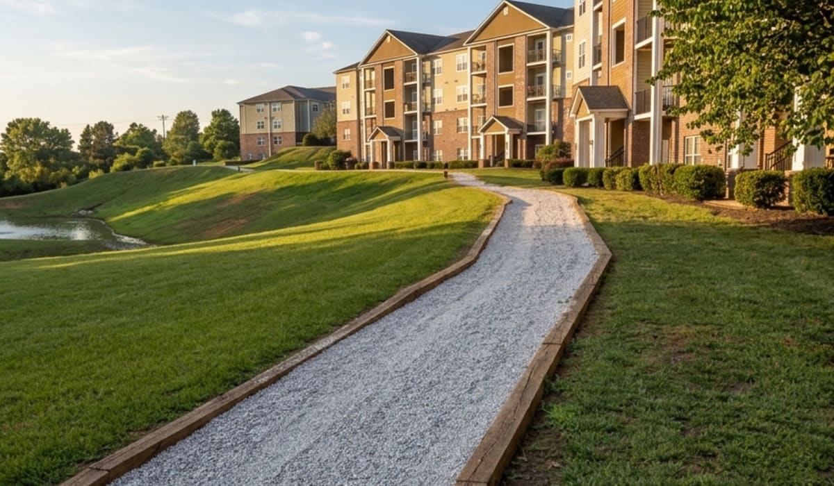 Building exterior with brick accents at Palisades at The Park in Greenville,South Carolina
