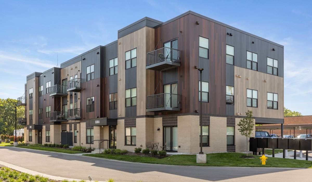 Building corner exterior view at Terra Station in Hudsonville, Michigan
