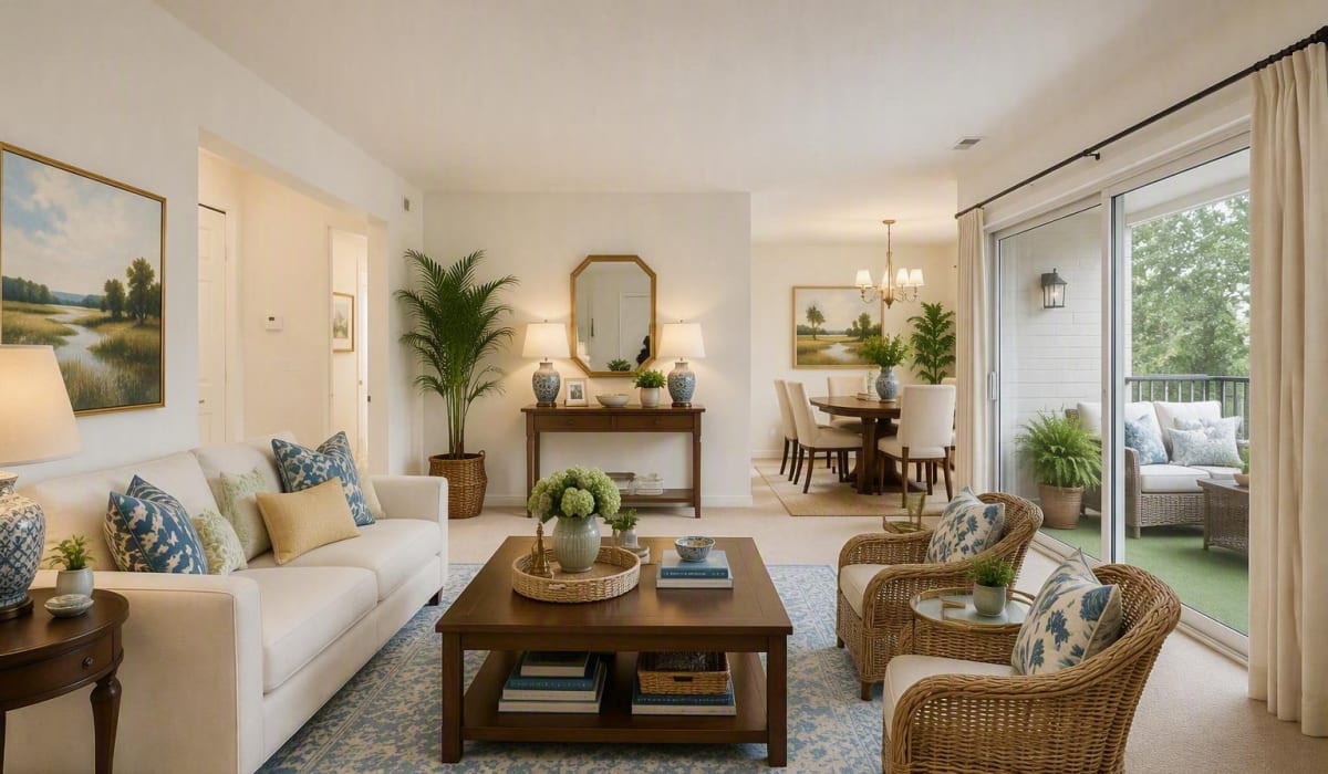 Living room with modern furniture at Willow Oaks Apartments in Richmond, Virginia