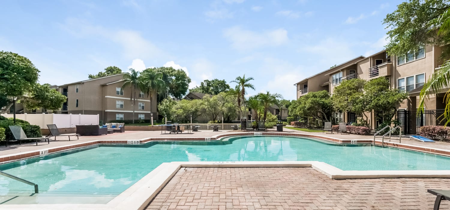 Resort-style pool surrounded by lounge chairs and palm trees at Tuscany Pointe at Tampa Apartment Homes in Tampa, Florida