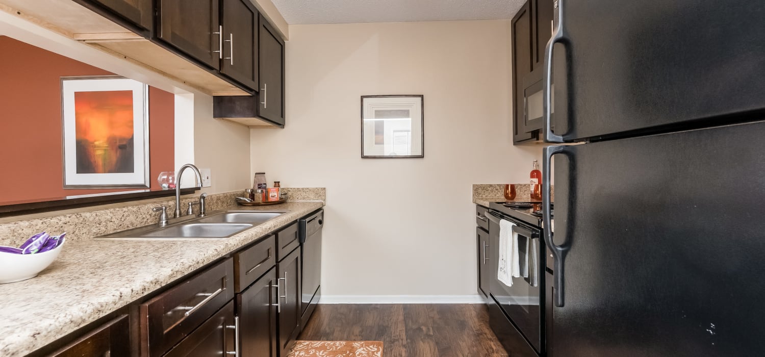 Fully-equipped model kitchen with sleek black appliances and a pass-thru bar at Tuscany Pointe at Tampa Apartment Homes in Tampa, Florida