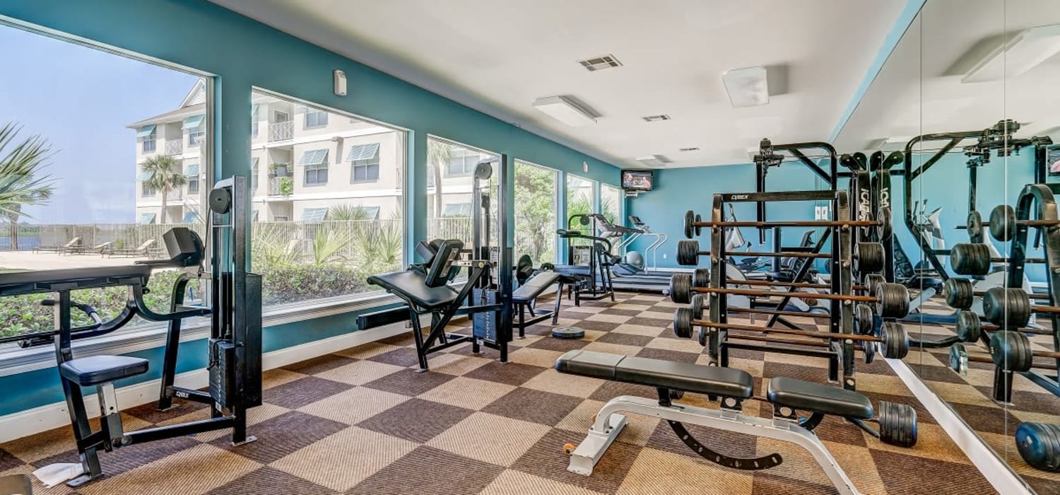 Fully stocked beautiful fitness center at Harborside Apartment Homes in Slidell, Louisiana