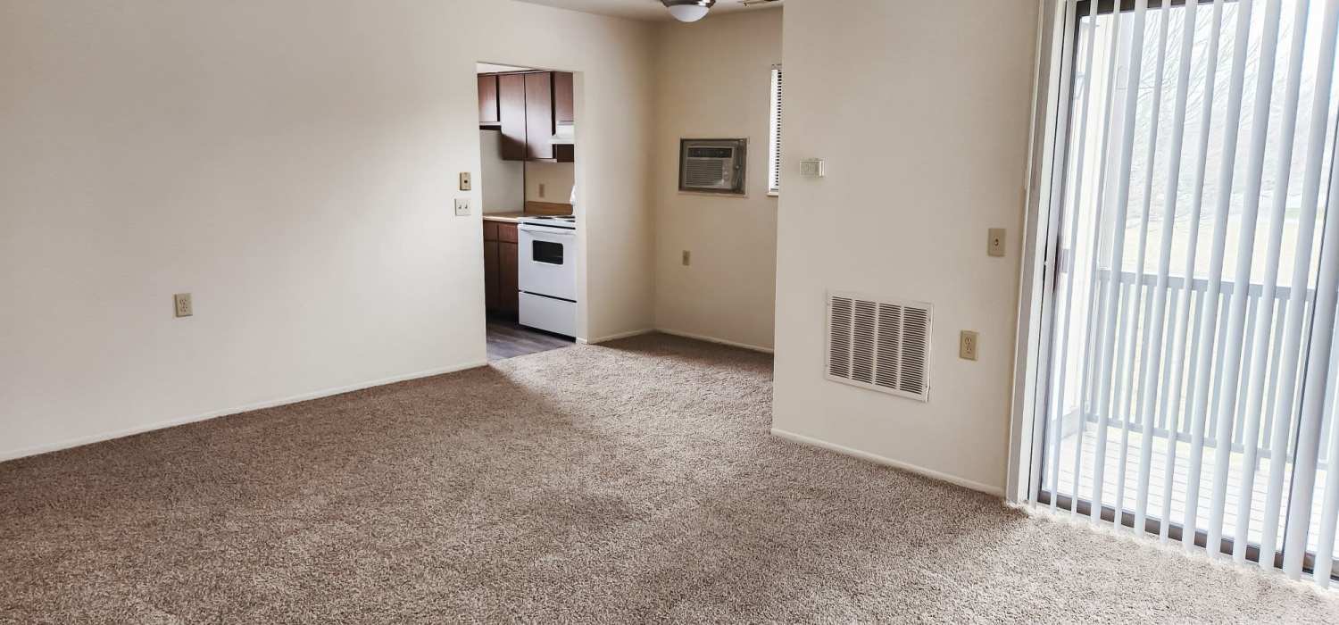 Spacious living room with plush carpeting at Mill Pond Apartments (Buchanan) in Buchanan, Michigan