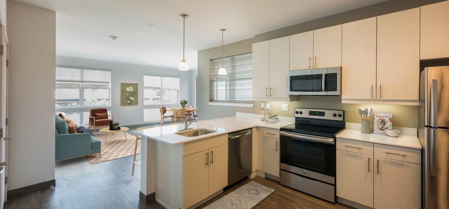 Stainless-steel appliances at Harlan Flats in Wilmington, Delaware