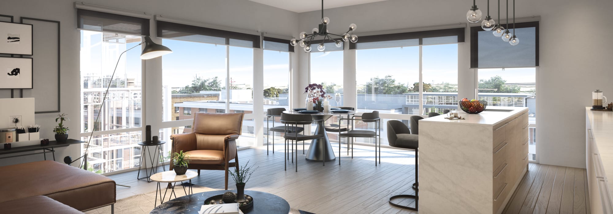 a luxury kitchen with a view at Station 16 Apartments in Millbrae, California