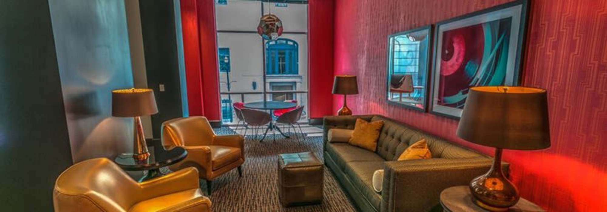 Lobby with red accents Cumberland on Church in Nashville, Tennessee