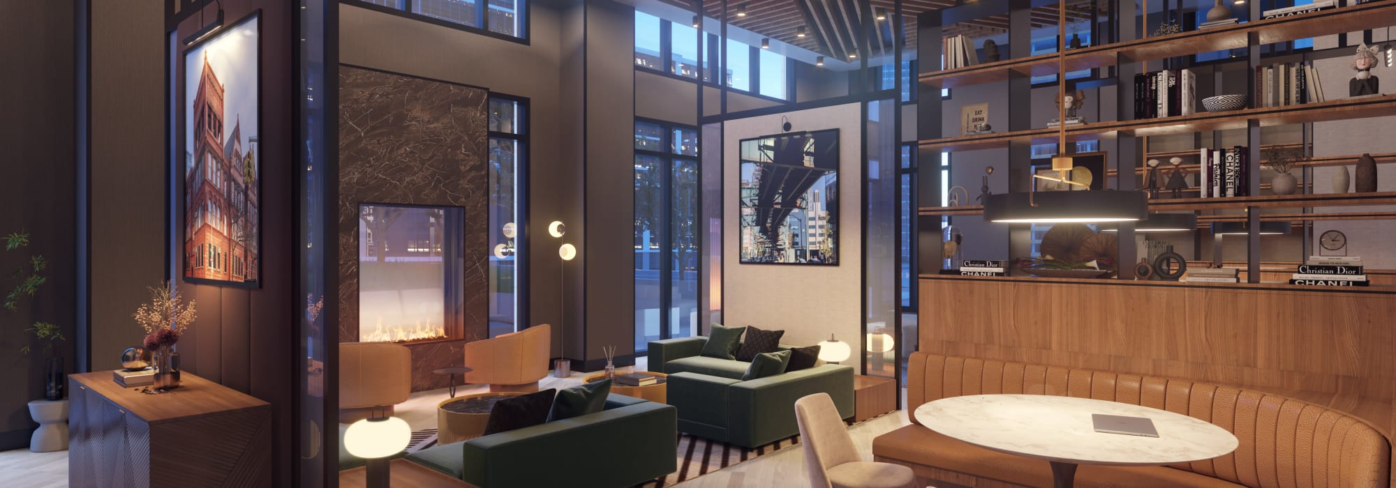 Rendering sitting area at the clubhouse at 8 Court Square in Long Island City, New York