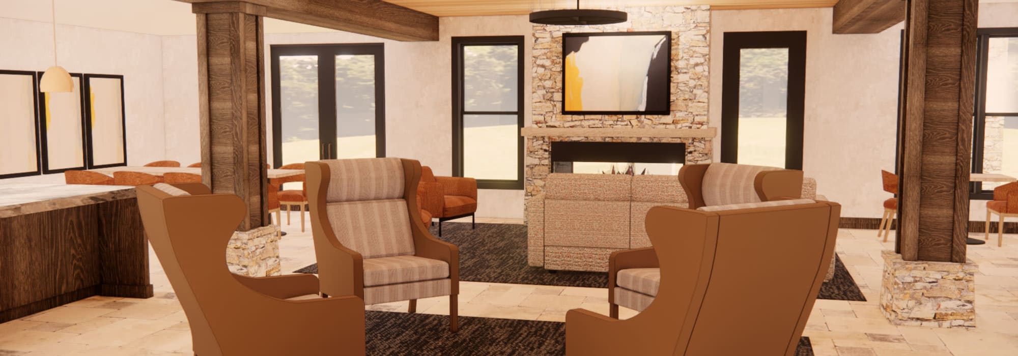 Community room TV and fireplace  Sandhill Shores in Stillwater, Minnesota