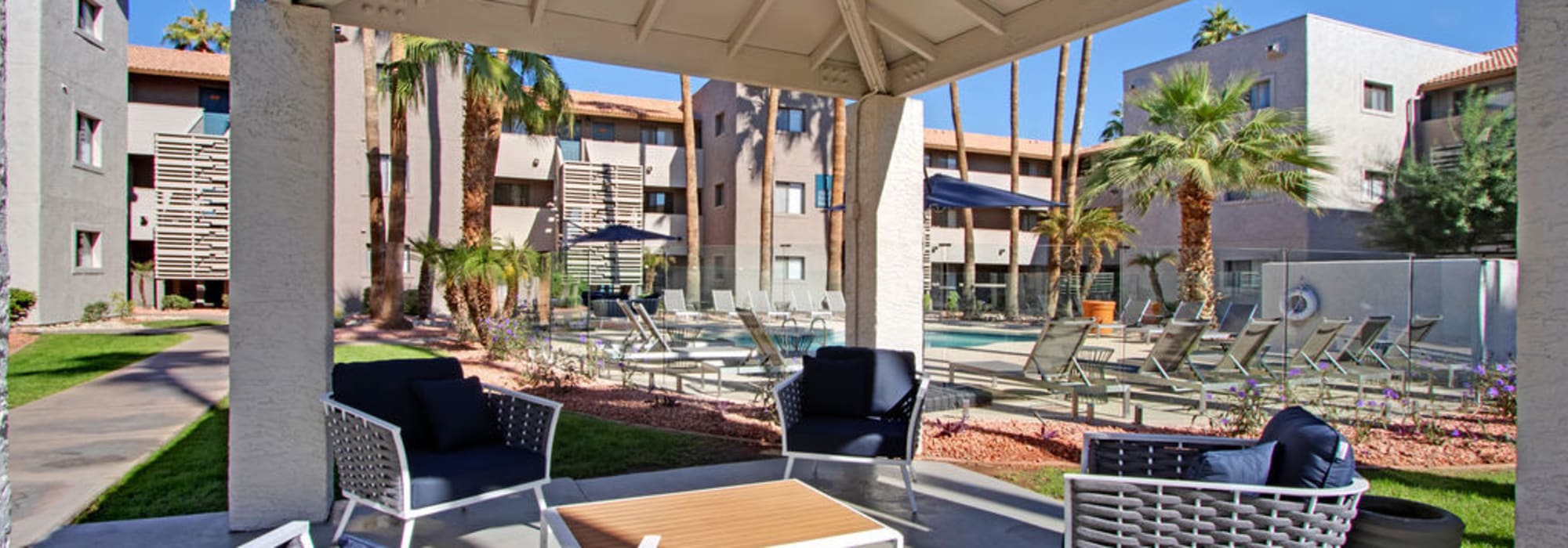 Outdoor covered community area at Riverside Apartments in Tempe, Arizona
