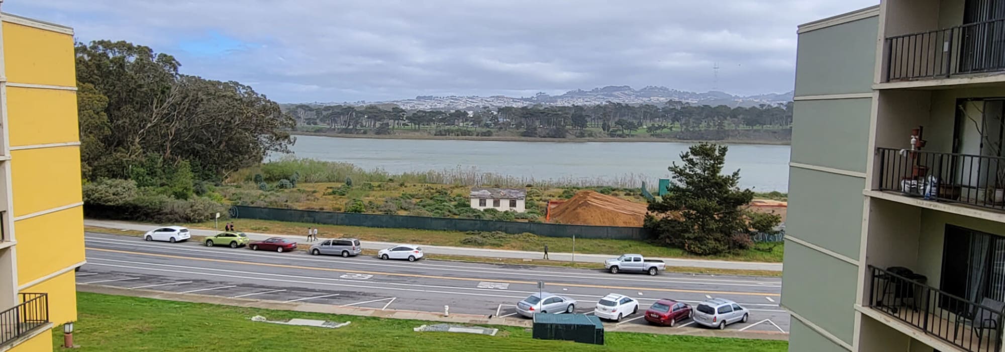Neighborhood aerial at Lakewood Apartments at Lake Merced in San Francisco, California