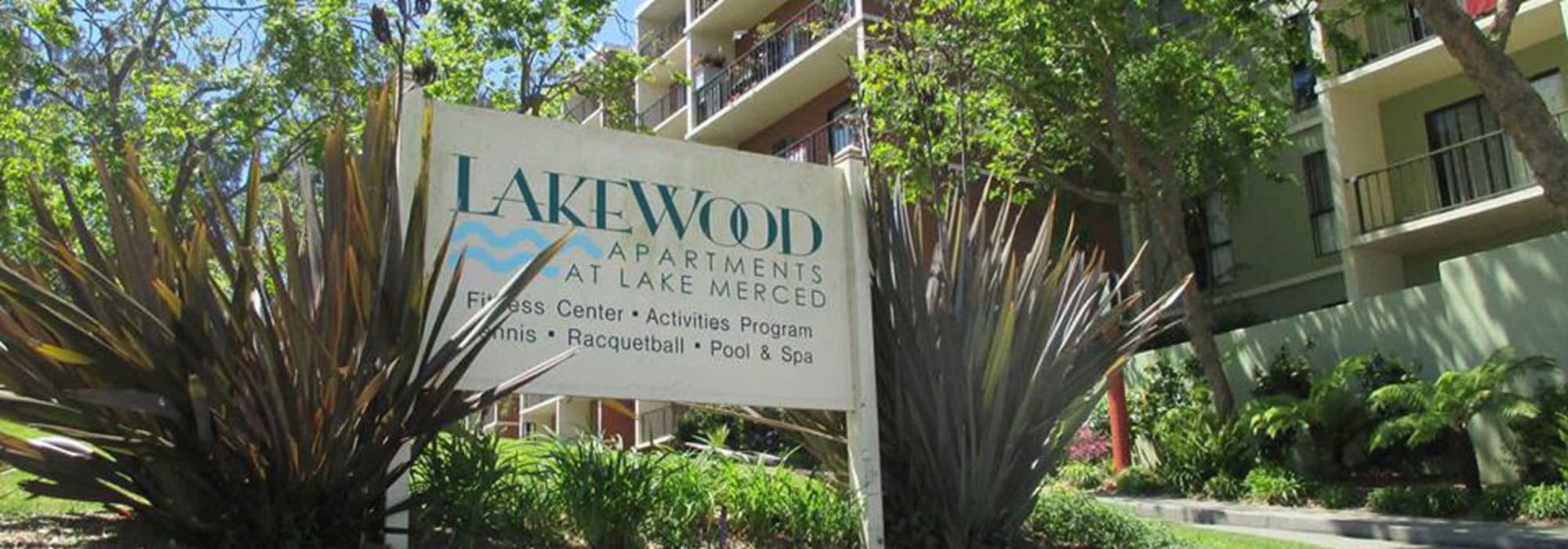 Exterior sign at Lakewood Apartments at Lake Merced in San Francisco, California
