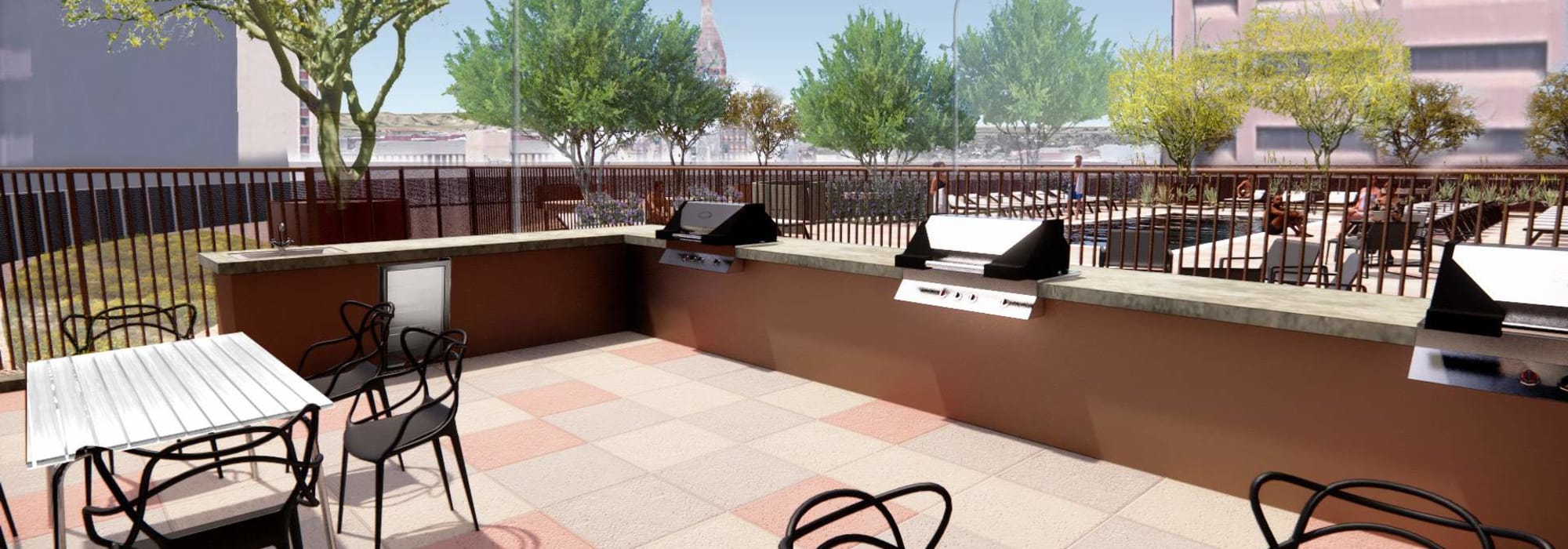 Render of our outdoor grill stations at PALMtower in Phoenix, Arizona
