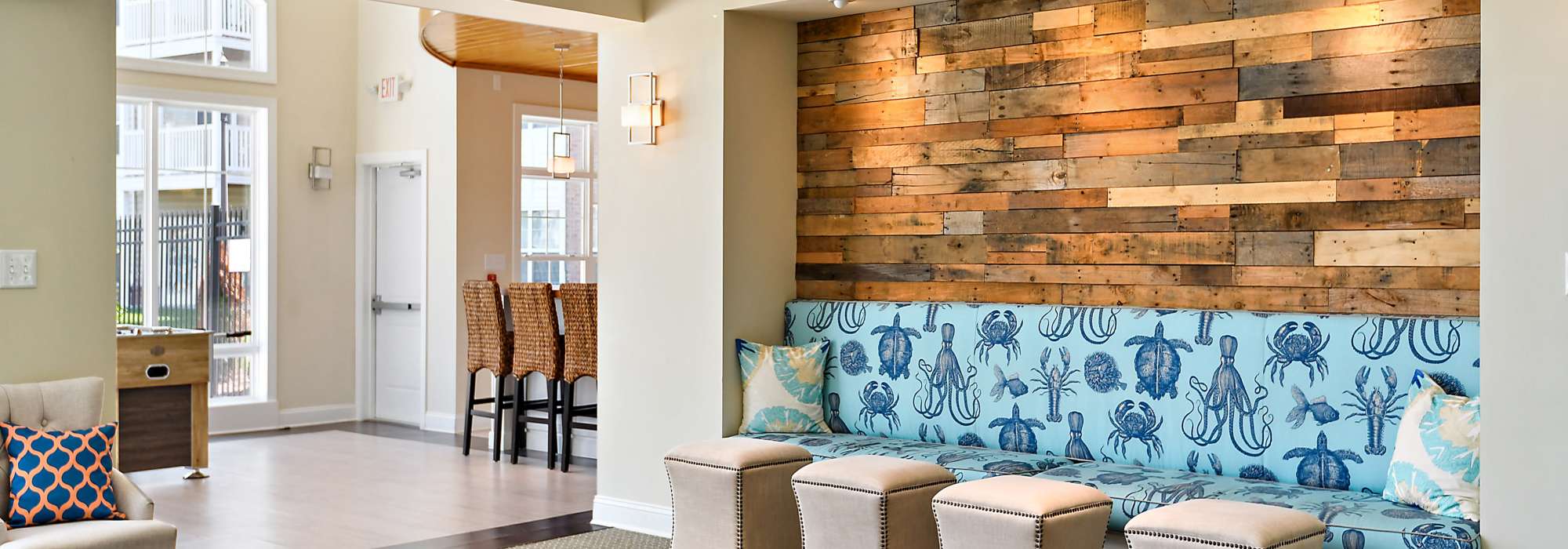 Clubhouse with designer seating at Ocean Aisle in Salisbury, Maryland