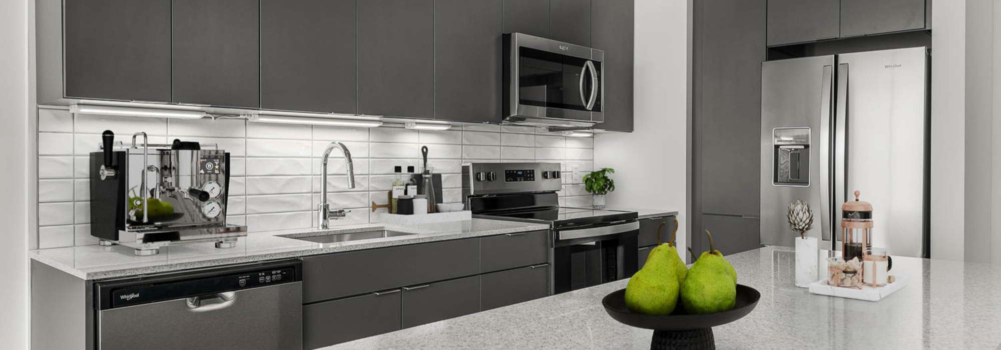 Large kitchen island at PALMtower in Phoenix, Arizona