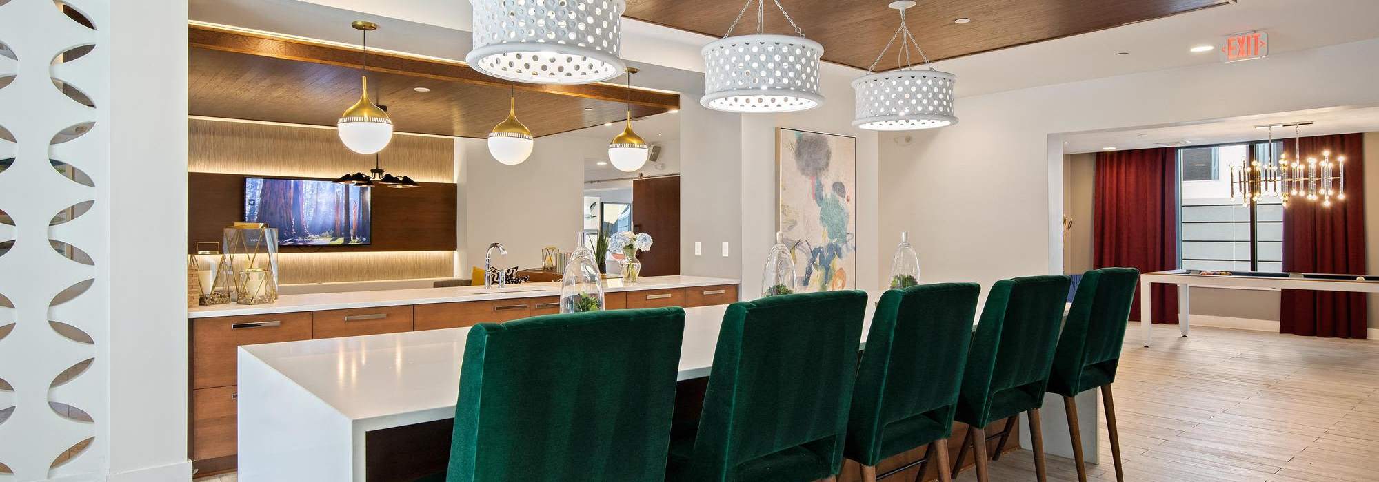 Luxury clubhouse with velvet seating at The Dartmouth North Hills in Raleigh, North Carolina