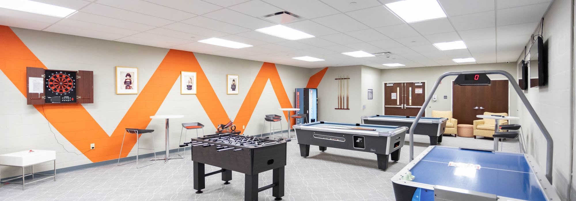 Gaming area with pool table at Hudson Lofts in Erie, Pennsylvania