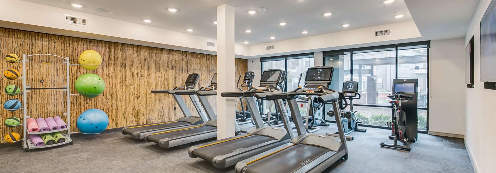 Multiple treadmills in the fitness center at Factory Design District in Dallas,Texas
