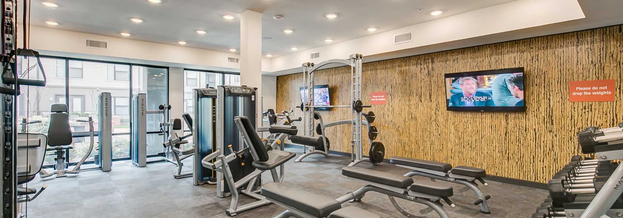 Fitness center with multiple equipment at Factory Design District in Dallas,Texas