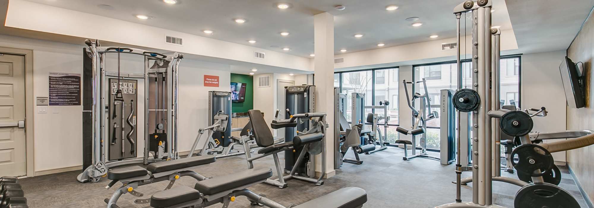 Strength training equipment in the fitness center at Factory Design District in Dallas,Texas