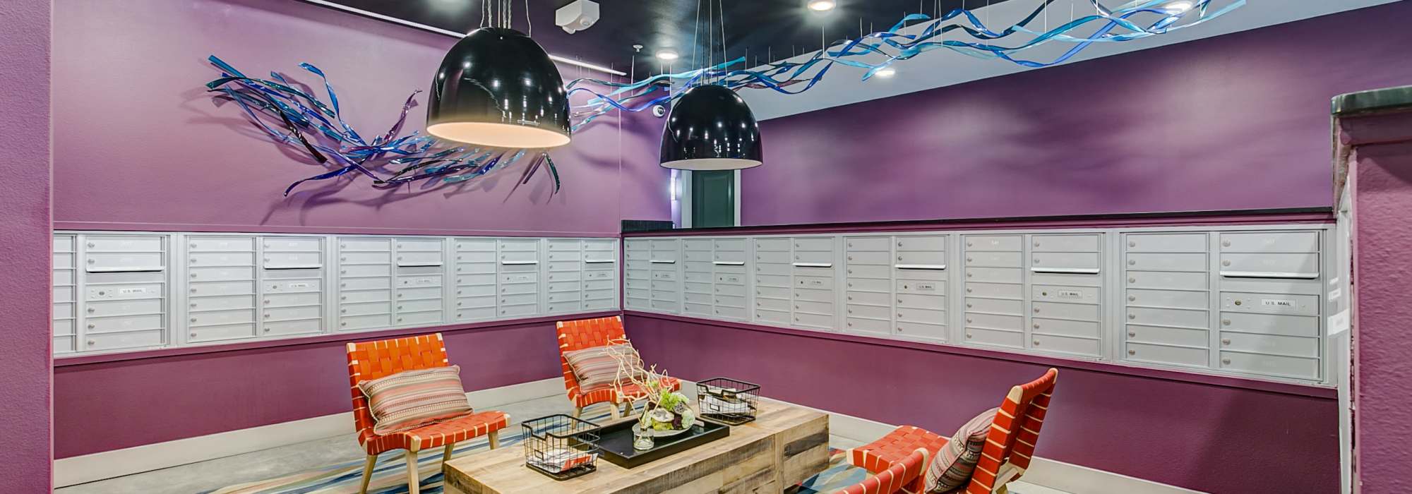 Community sitting area with mailboxes around at Factory Design District in Dallas,Texas