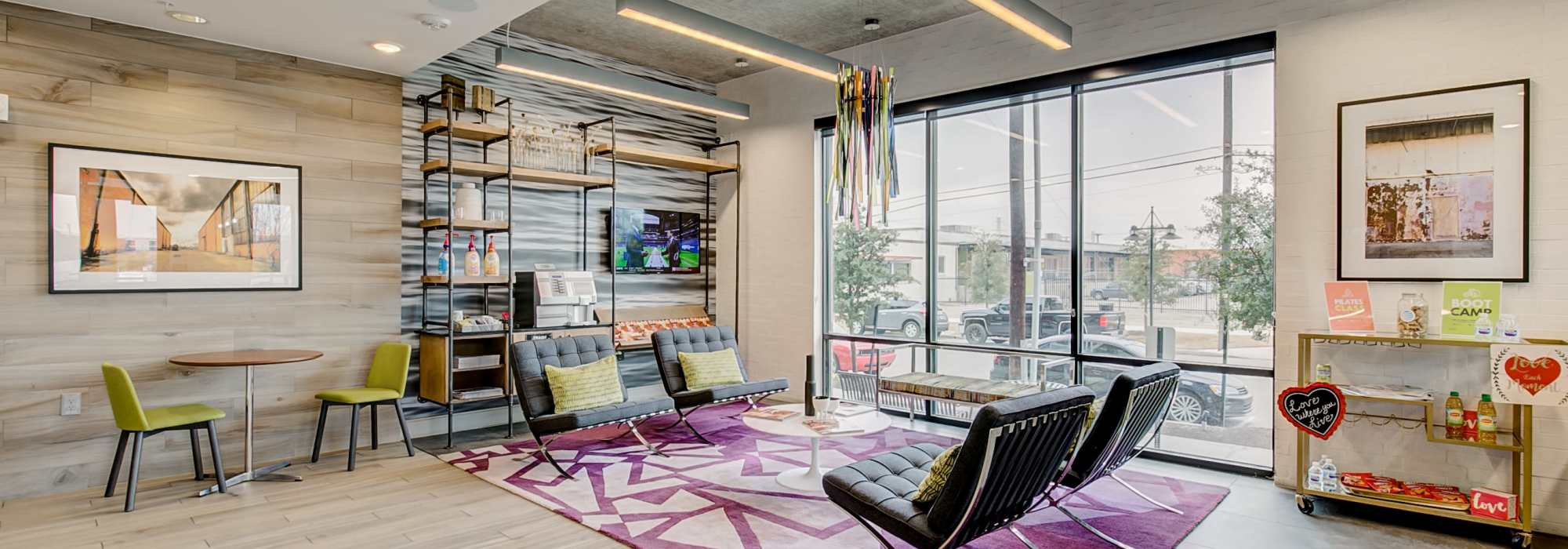 Community relaxation area with a large window at Factory Design District in Dallas,Texas