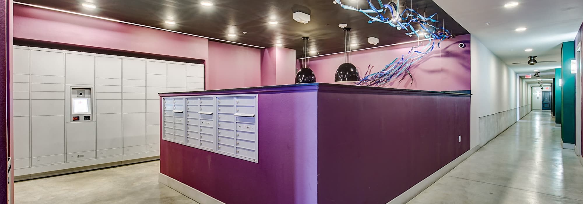Mail collection area with unique design for community at Factory Design District in Dallas,Texas