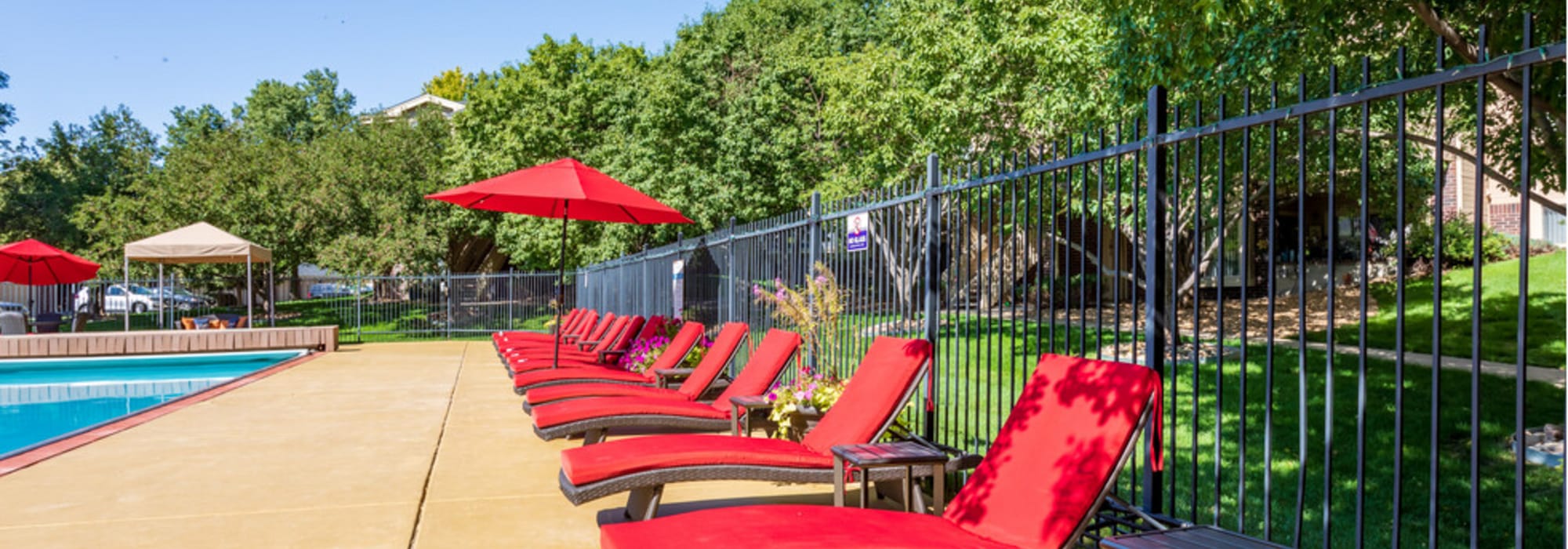 Lounge beds near pool area at UTE Creek Apartments in Longmont, Colorado
