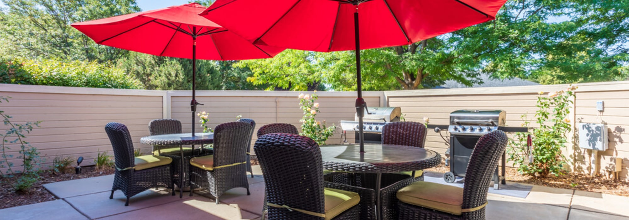 Outdoor seating area with lot of chairs at UTE Creek Apartments in Longmont, Colorado