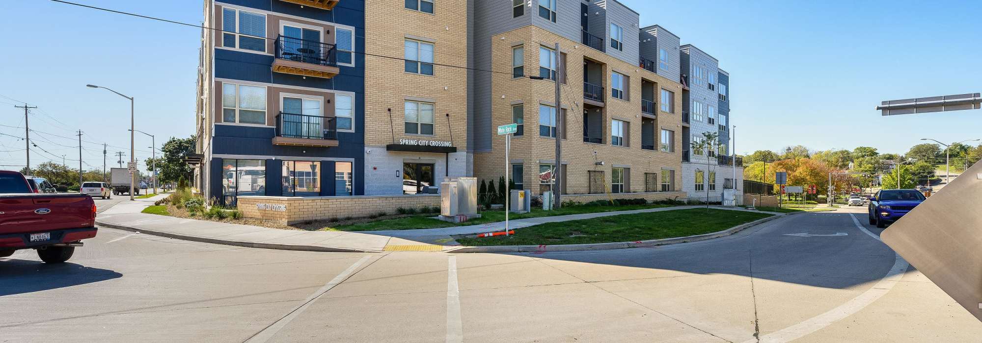 Corner view of apartment building at Spring City Crossing in Waukesha, Wisconsin