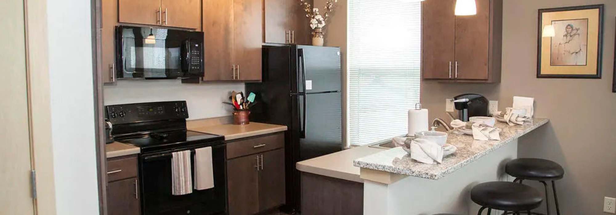 Kitchen with black appliances at Hoff Mall and Hoff Apartments in Mount Horeb, Wisconsin     