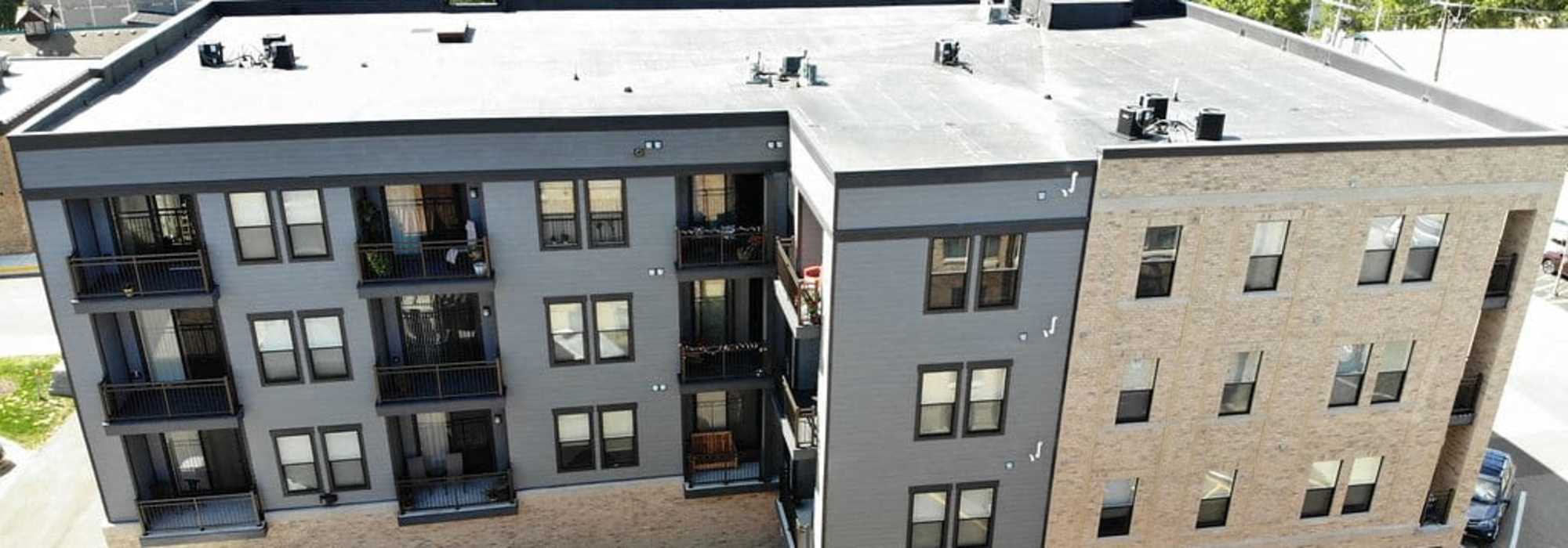 Drone view at Hoff Mall and Hoff Apartments in Mount Horeb, Wisconsin