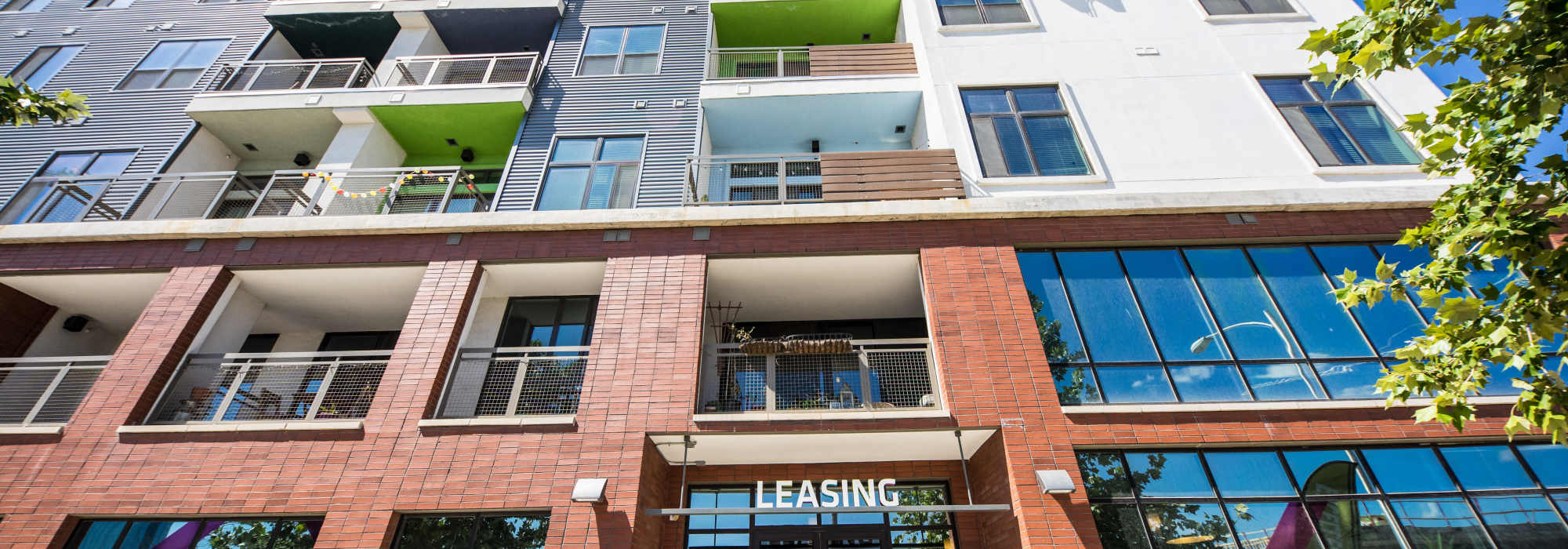 Modern apartment community with balconies at Corazon in Austin, Texas