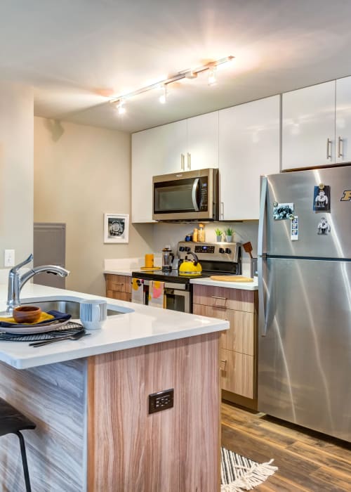 Kitchen with stainless steel appliances at RISE on Chauncey in West Lafayette, Indiana