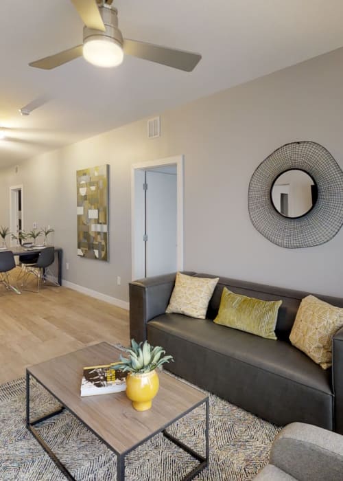 Comfortable living room with large area rug and ceiling fan to stay cool at The View on Pavey Square in Columbus, Ohio