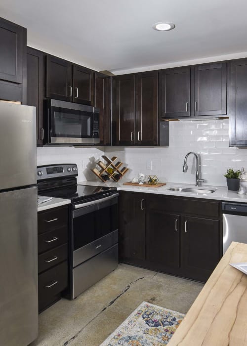 Kitchen with stainless steel appliances and double stainless-steel sink at Terminal 21 in Pittsburgh, Pennsylvania