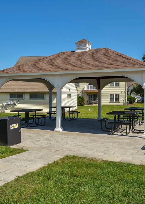 Outdoor gazebo with picnic tables and BBQ grills at Iron Ridge in Elkton, Maryland