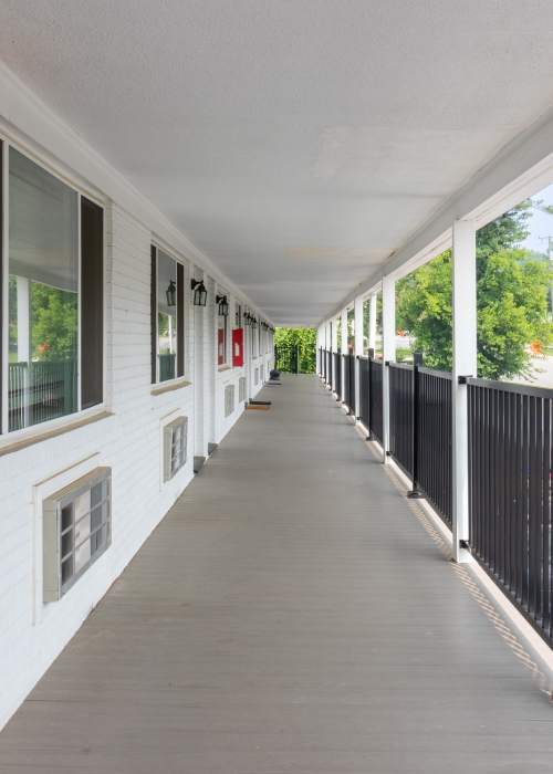 Walkway to apartment front doors  at The Meadows Apartments in Charlottesville, Virginia