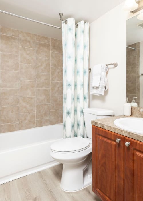 An apartment bathroom with a full-sized bathtub at Azalea Village in West Palm Beach, Florida