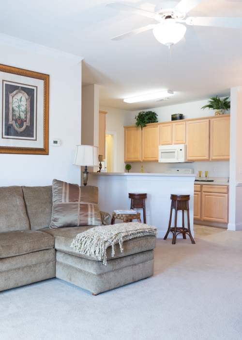 Living room of a model apartment at Cloisters at Carolina Forest in Myrtle Beach, South Carolina