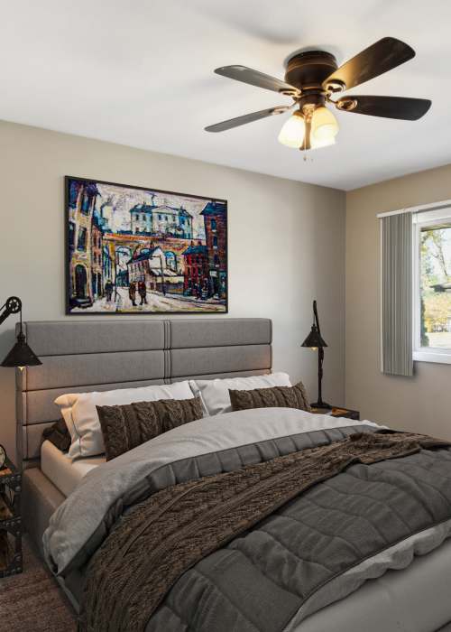 Bedroom of a model apartment at West End Trails in Golden Valley, Minnesota