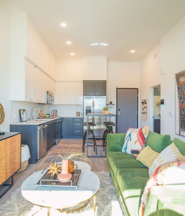 model apartment kitchen and seating at Q19 in Sacramento, California