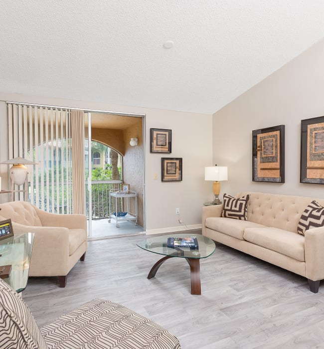 model living room at Mosaic Apartments in Coral Springs, Florida