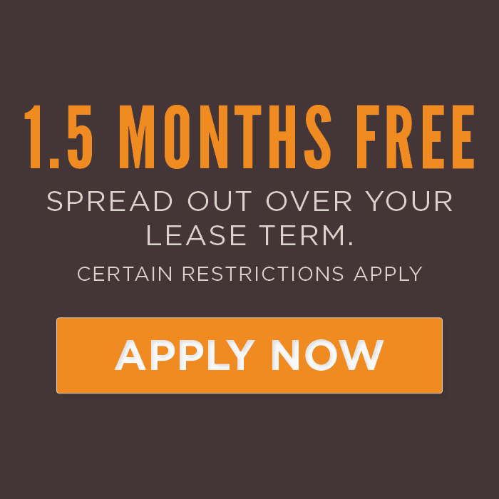 1.5 Months Free Spread out over your lease term. Certain Restrictions apply. Apply now! 